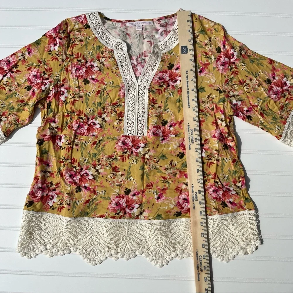 STELLA + GINGER Floral Lace Trim Boho Blouse Size M NWT Mustard Pink Cottagecore - Picture 4 of 6